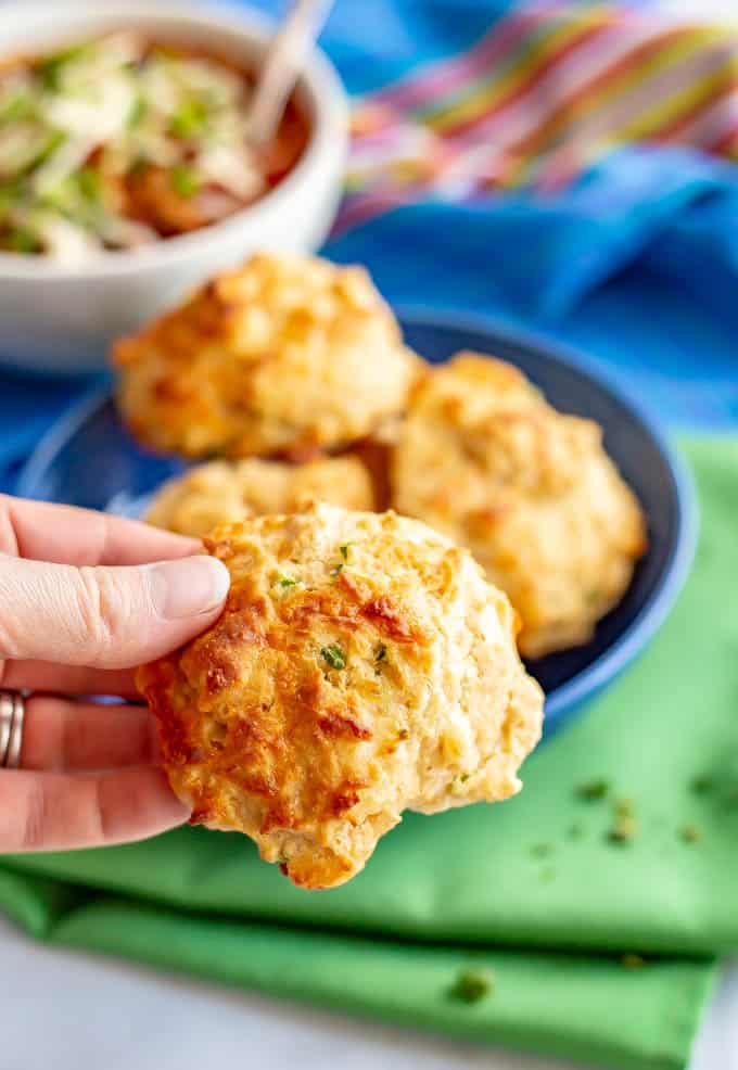 Close up of a jalapeño-studded cheesy biscuit