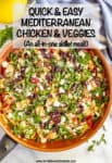Overhead photo of a skillet with chicken, spinach, tomatoes, artichokes and toppings with recipe title and text written on