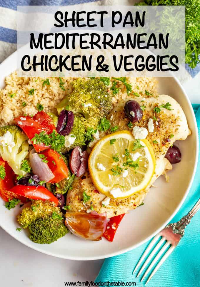 Sheet pan Mediterranean chicken and veggies are seasoned with a yummy spice mixture and roasted together for an easy, healthy, hands-off dinner. #mediterraneanfood #chickenrecipes #chickendinner #sheetpandinner #dinnerideas