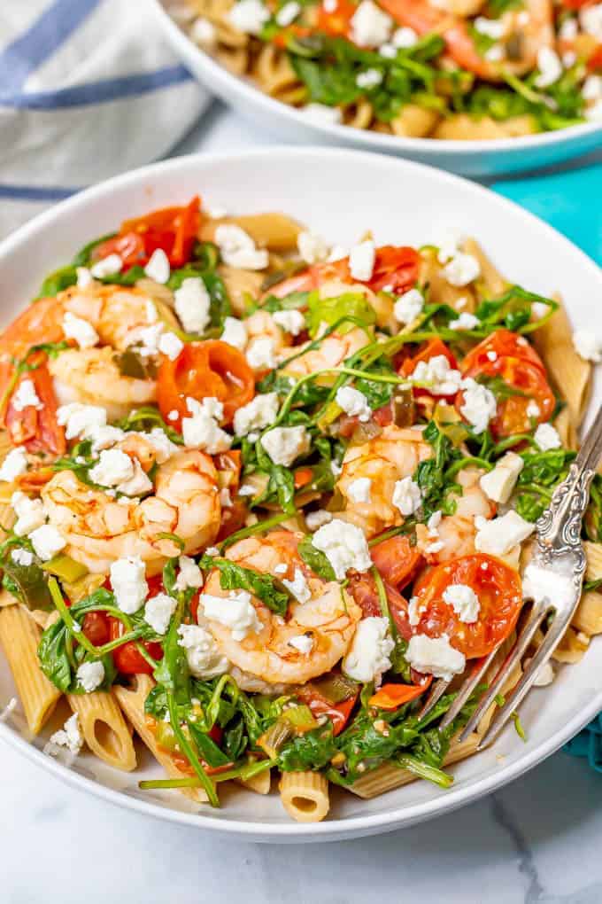 Shrimp and penne pasta with arugula - Family Food on the Table