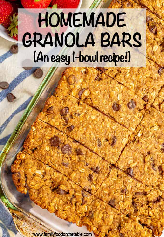 These Homemade Granola Bars with chocolate chips are thick, soft, chewy and perfect for a healthy, wholesome snack to fill you up and fuel your day. This easy 1-bowl recipe takes just 10 minutes to prep too! (Can be vegan, GF, dairy-free and peanut-free.) #granola #healthysnack #granolabars #snacktime