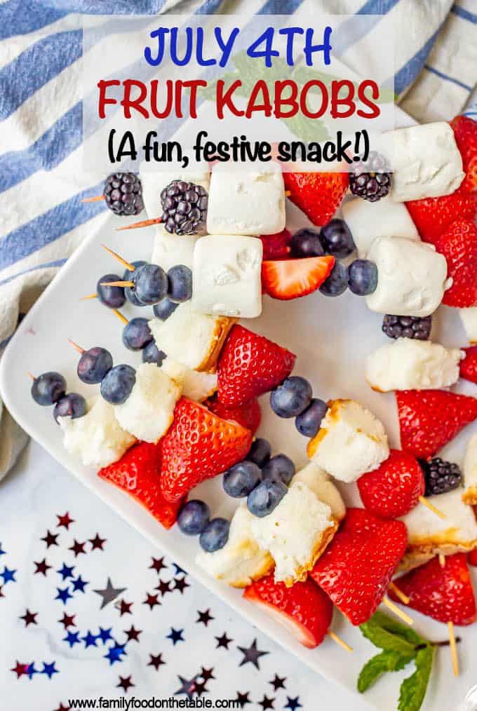 Red white and blue snacks of fruit kabobs on a plate with festive decor nearby