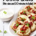 Quick and easy potato skins (using a simple hack) are loaded with cheese and bacon for a fun appetizer for parties or game day! #potatoes #potatoskins #appetizers #gamedayeats