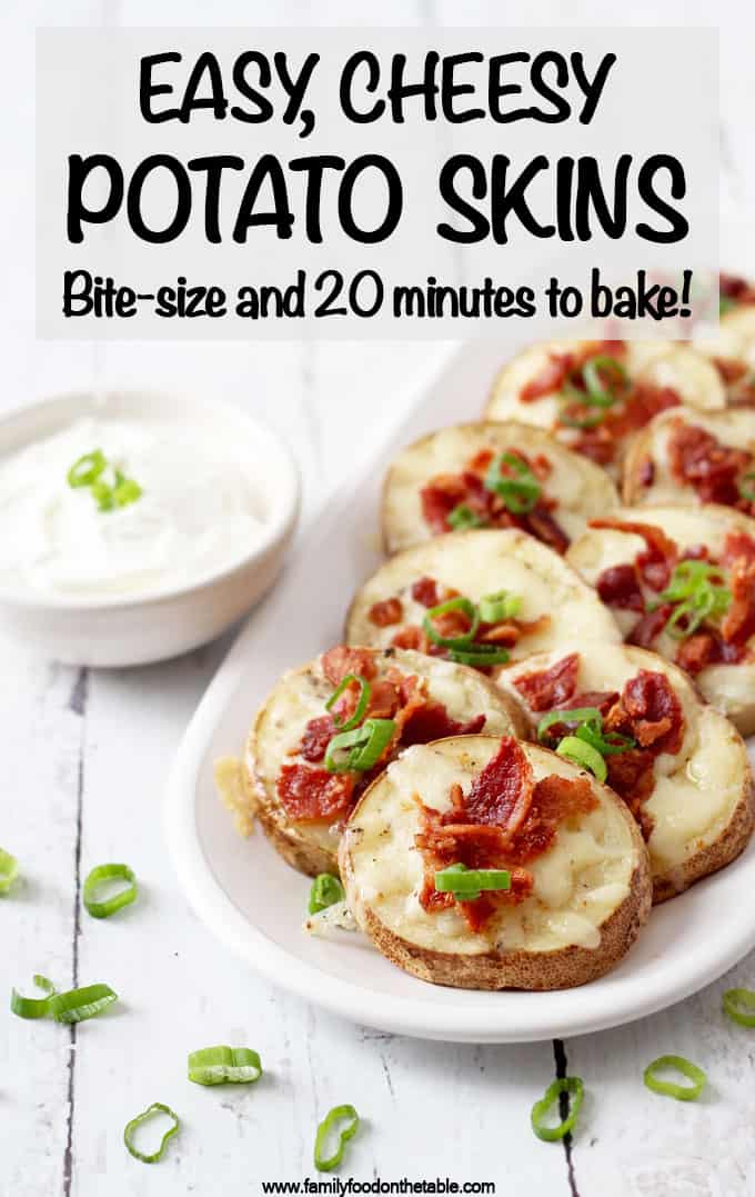 Quick and easy potato skins (using a simple hack) are loaded with cheese and bacon for a fun appetizer for parties or game day! #potatoes #potatoskins #appetizers #gamedayeats