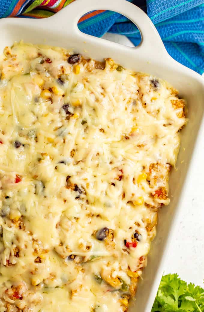 Cheese covered chicken quinoa casserole in a white baking dish