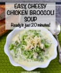 A bowl of hearty chicken broccoli soup with extra cheddar cheese on top