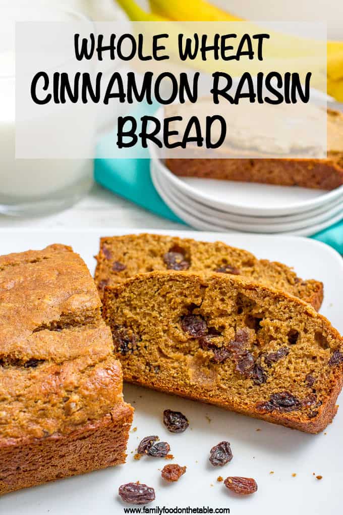 This easy whole wheat cinnamon raisin bread recipe requires no yeast, no kneading, no bread machine. It’s lightened up, naturally sweetened, soft and so delicious! #cinnamonraisin #baking #breads #breakfast