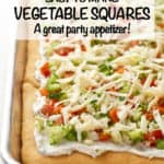 Easy vegetable squares are crescent rolls spread with a cream cheese mixture, sprinkled with veggies and cheddar and served cold for a great veggie pizza appetizer! #appetizer #gameday #holidays #pizza #easyrecipe