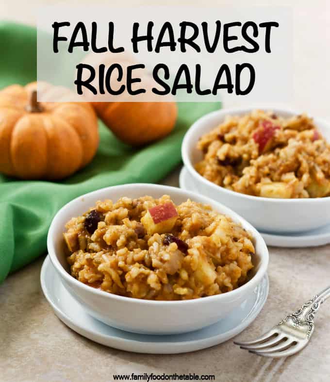 Fall harvest rice salad is sweet and savory and full of pumpkin, apples, raisins, dried cranberries and walnuts! #brownrice #fallrecipes #pumpkin #ricesalad