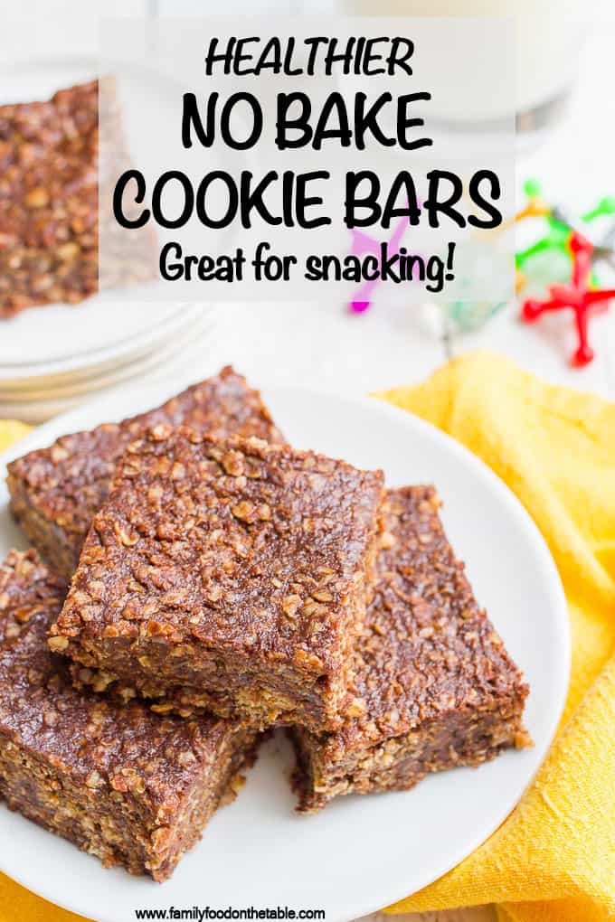 Healthy no bake cookie bars are thick, chocolatey and just 6 simple ingredients! They make a great snack! #healthysnack #cookiebars #nobake