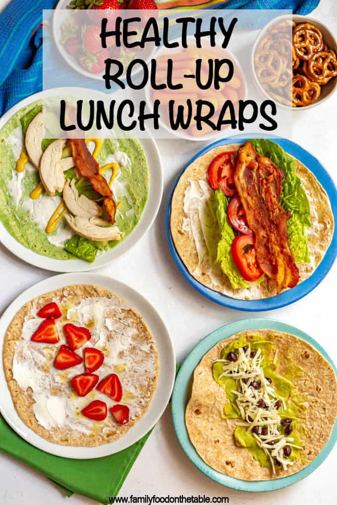 Different plates, each with a different healthy lunch wrap on a tortilla, including a BLT, cream cheese and strawberries, guac and black beans and turkey bacon wrap.