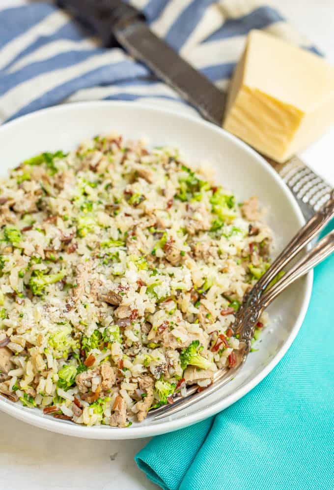 Healthy turkey sausage recipe with wild rice and broccoli and Parmesan cheese