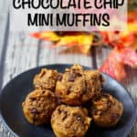 These addictive pumpkin chocolate chip mini muffins are 100% whole wheat and naturally sweetened with no oil or butter needed. They are great for a delicious, healthy snack! #pumpkin #chocolate #muffins #kidsfood