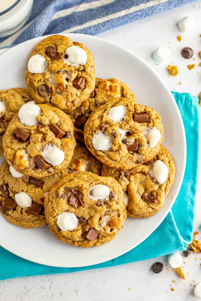 Overhead shot of a plate full of s'mores cookies