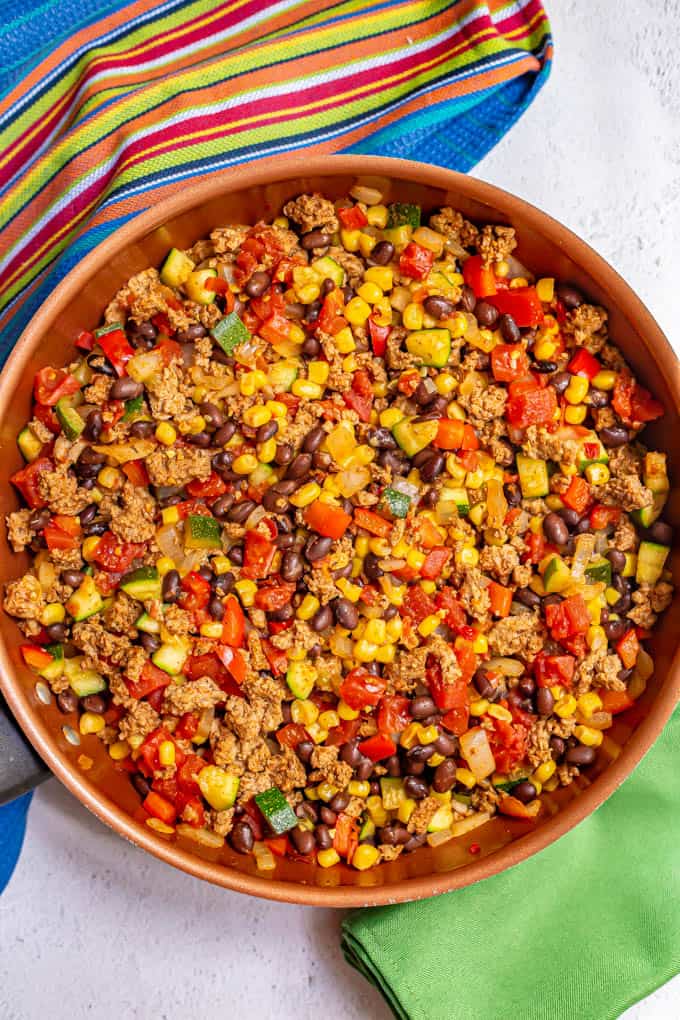 A colorful mix of turkey, black beans, corn, tomatoes, peppers and zucchini cooked in a large skillet