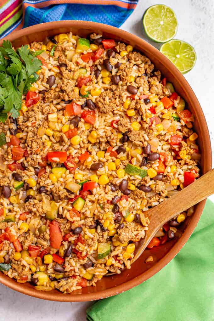 Large skillet with ground turkey, brown rice, black beans and veggies