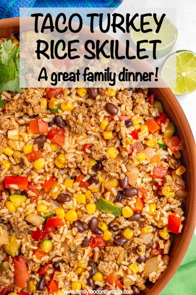 Turkey taco rice skillet is an easy 20-minute one-pot dinner with ground turkey, fluffy brown rice (or white rice) and all your favorite taco flavors! Great for a quick weeknight meal! #turkey #groundturkey #tacos #brownrice #easydinner #dinnerideas