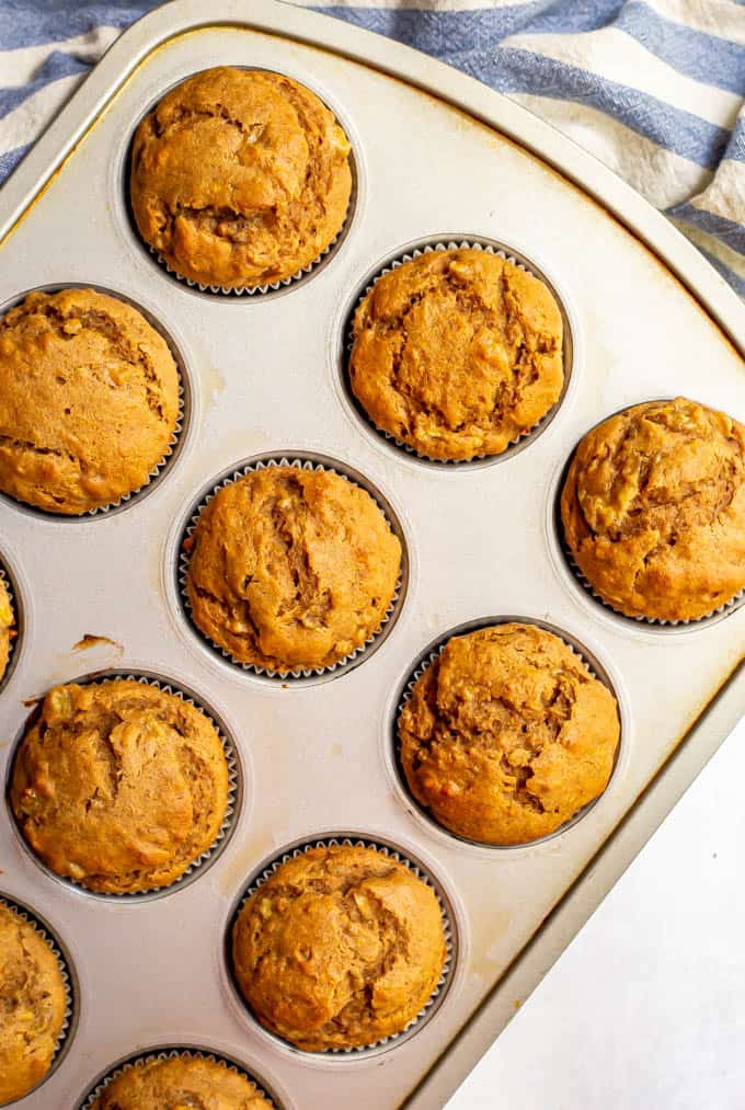 Baked golden brown muffins in a muffin tin