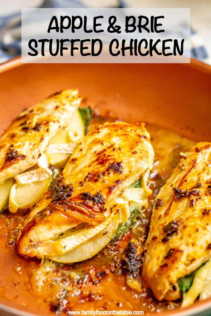 Apple and brie stuffed chicken is an easy skillet chicken recipe with melty, soft brie cheese and tart green apples, plus a delicious pan sauce made from the juices. This easy family-friendly dish is perfect for a yummy fall dinner! #apples #brie #stuffedchicken #chickenrecipes #chickendinner