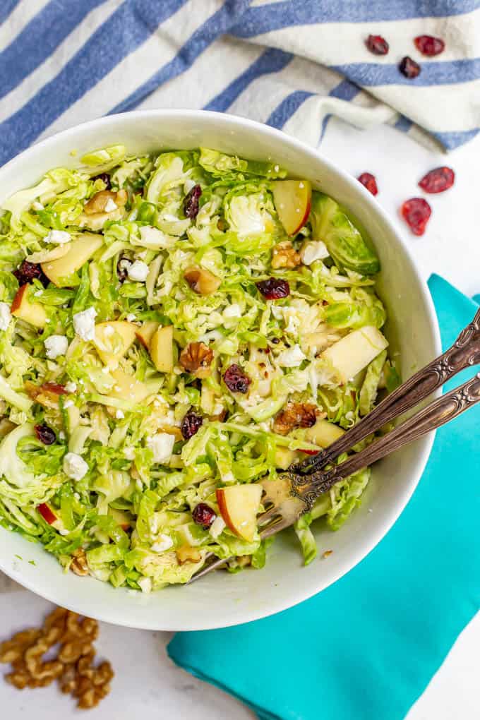 Raw Brussel sprout salad with apples, walnuts, dried cranberries and feta in a large bowl with towels and napkins nearby