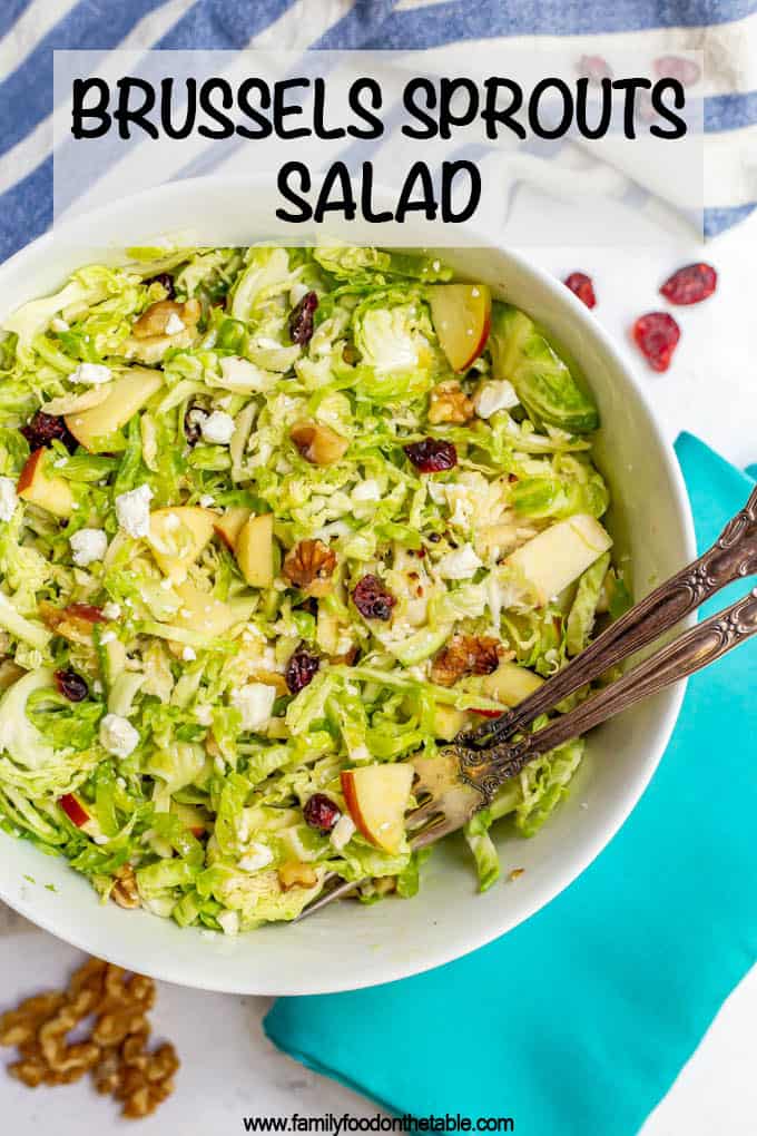 Brussel sprout salad is so fresh, crunchy and loaded with great flavors and textures. It’s delicious as a dinner side dish or for a make-ahead lunch. #brusselsprouts #salad #healthyrecipe #veggiesalad