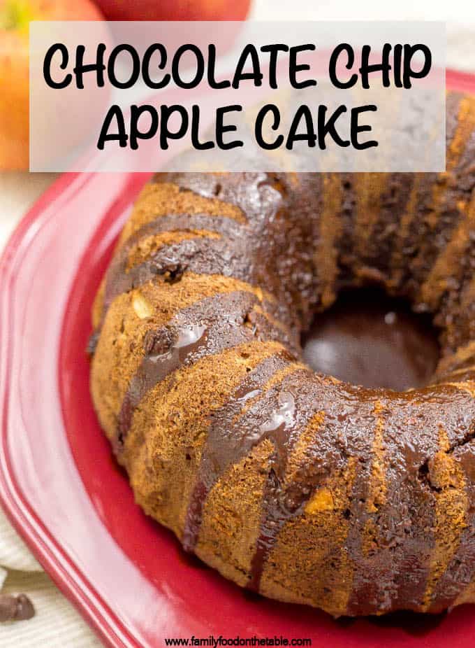 Chocolate chip apple cake is loaded with sweet apple chunks, chocolate chips and walnuts for a delicious fall dessert! #applecake #chocolatecake #cake #dessert #falldesserts