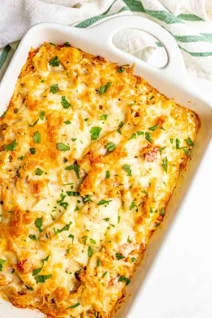 Baked chicken spaghetti casserole with golden brown cheese crusted on top and a sprinkling of parsley