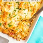 Easy baked chicken spaghetti is a cheesy casserole with spaghetti noodles, juicy chicken pieces and a creamy, delicious sauce! Easy to make and sure to satisfy, this is perfect for a hearty, comforting family dinner! #spaghetti #chicken #casserole #familydinner #chickendinner #chickenpasta