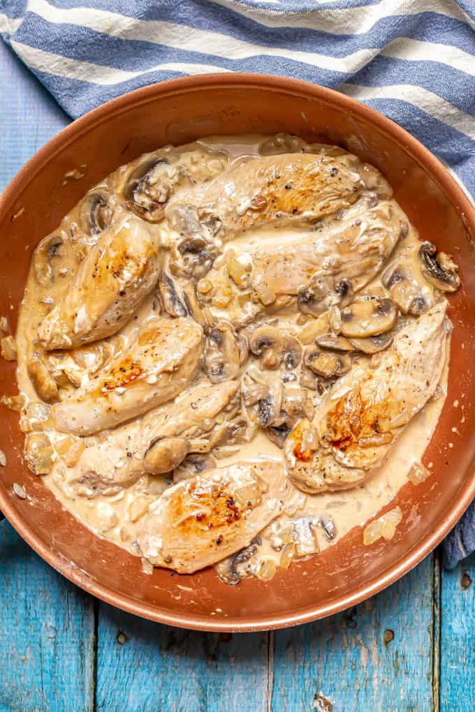 Chicken and mushrooms cooking in a skillet with a light cream sauce