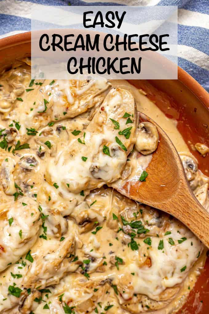 Easy cream cheese chicken is just a few basic ingredients and simple to make, with a deliciously creamy sauce that coats every piece. Ready in less than 30 minutes! #chickenrecipes #chickendinner #dinnerideas #easychickenrecipes #creamcheese