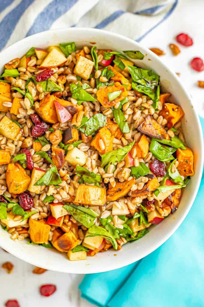Farro, sweet potato, spinach, apple and pecan salad served in a white bowl