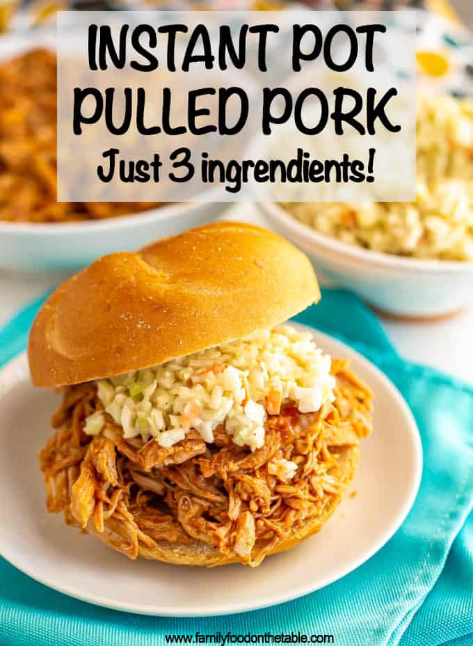 Instant Pot pulled pork is made with just 3 ingredients and is ready in about an hour! This tender pork is perfect for pulled pork sandwiches, sliders, nachos, tacos and more! #pulledpork #instantpot #porkrecipes
