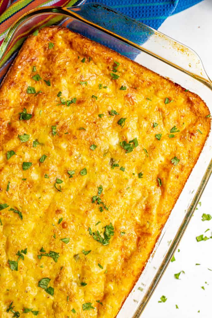 Mexican baked eggs in a casserole dish after baking