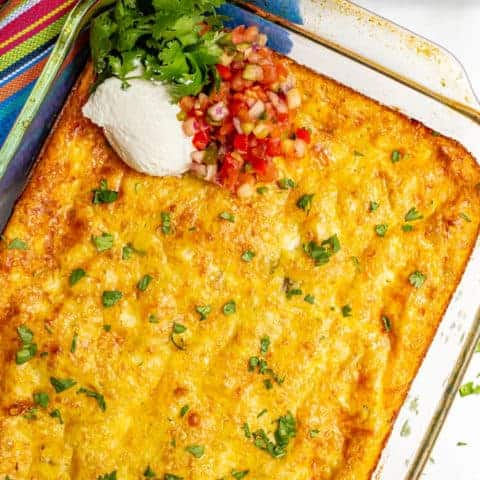 Close up of baked Mexican egg casserole with cilantro on top