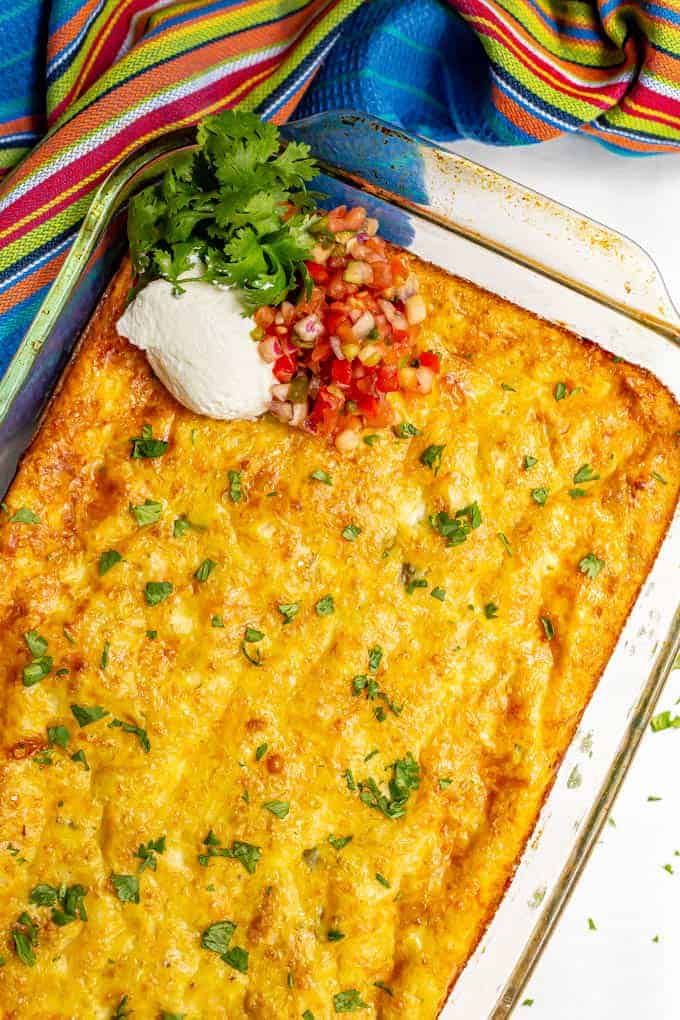 Close up of baked Mexican egg casserole with cilantro on top