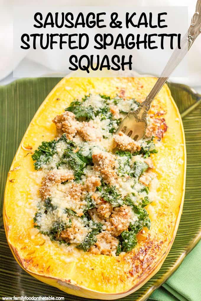 Stuffed spaghetti squash with sausage and kale is an easy 6-ingredient recipe for a delicious, hearty, low-carb dinner! #spaghettisquash #lowcarbrecipes #healthyeating