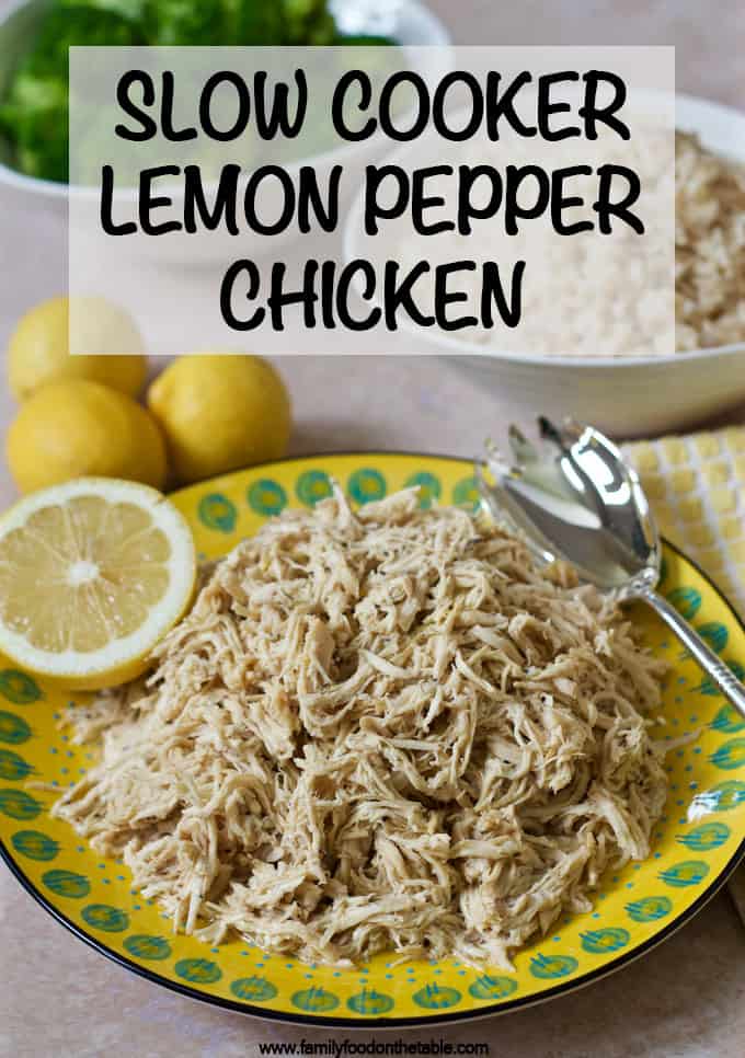 Easy slow cooker lemon pepper chicken that's quick to throw together, plus 5 ways to serve it! #slowcooker #crockpot #chickenrecipes #chickendinner