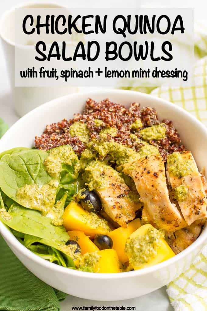 Chicken quinoa salad bowls are a quick and healthy dinner featuring chicken thighs, red quinoa, fresh fruit and a zesty lemon-mint dressing! #quinoa #chicken #saladbowl #healthyrecipes