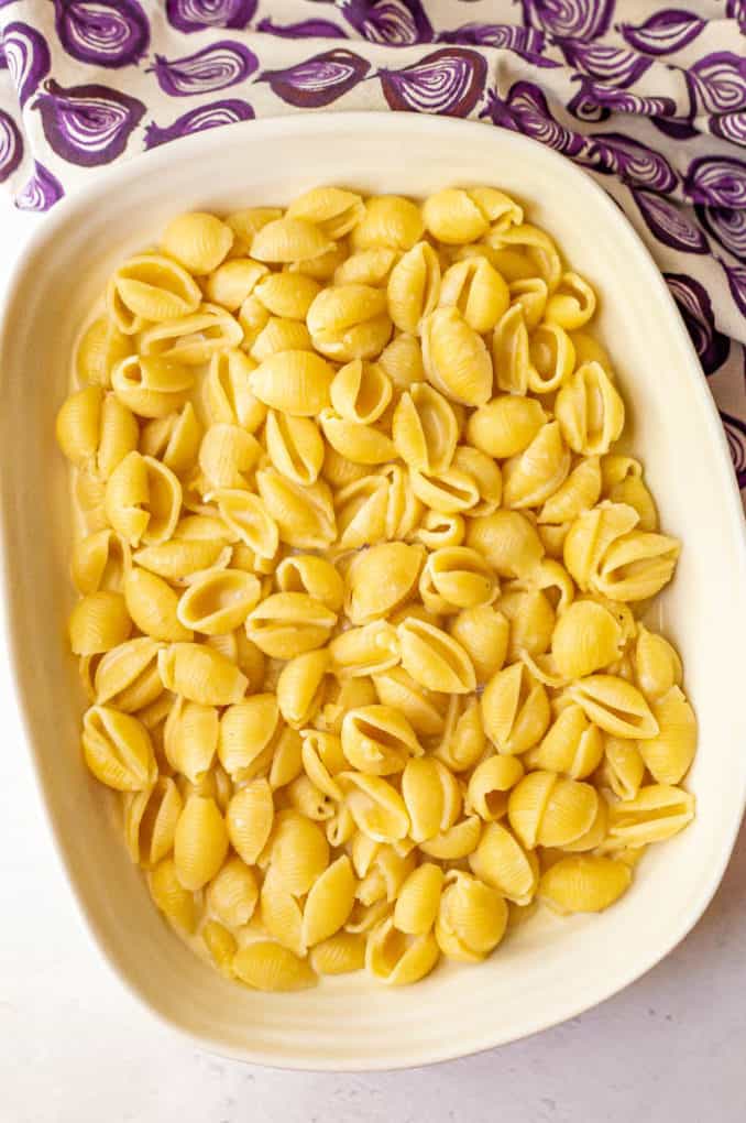 Shell pasta and cheese sauce in a white casserole dish