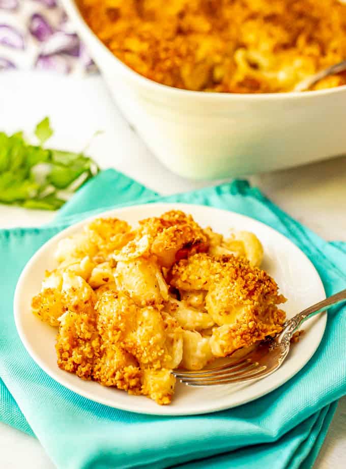 Close up of baked macaroni and cheese served on a white plate with a fork