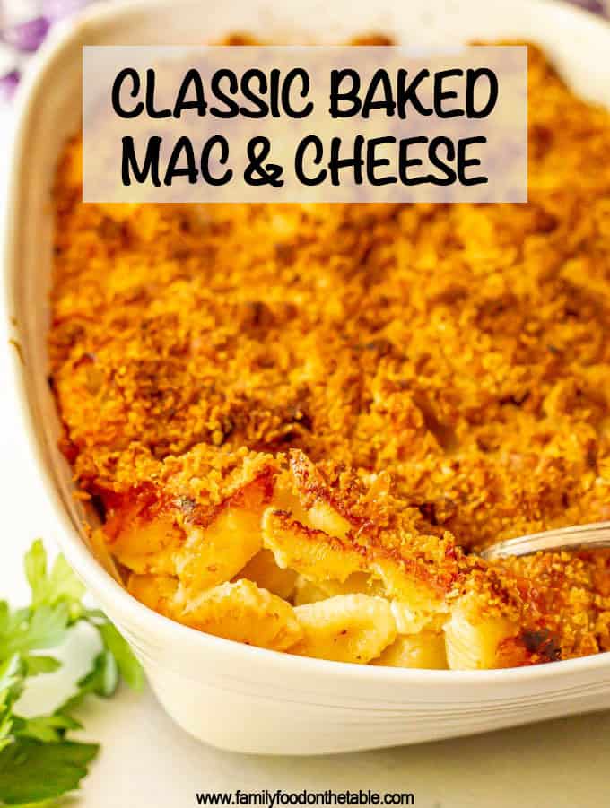 Classic baked mac and cheese has a crunchy, buttery breadcrumb crust and is comfort food at its best! Easy to make, with just 7 ingredients, this baked macaroni and cheese casserole is sure to satisfy! #macandcheese #pasta #pastarecipes #easyrecipe #holidaysides #Thanksgivingsides