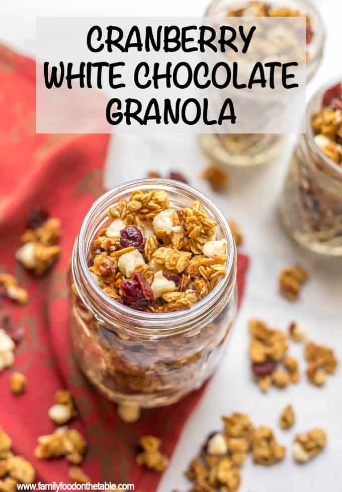 Cranberry white chocolate granola is an easy, delicious, and festive baked granola that’s perfect for healthy holiday breakfasts and snacking! #granola #cranberry #whitechocolate #holidays #holidayfood #breakfastideas #healthysnack