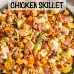 One-pot easy harvest chicken skillet with sweet potatoes and Brussels sprouts is a beautiful and delicious recipe that’s perfect for a fall dinner! #onepot #chicken #easydinner #chickendinner #chickenrecipes