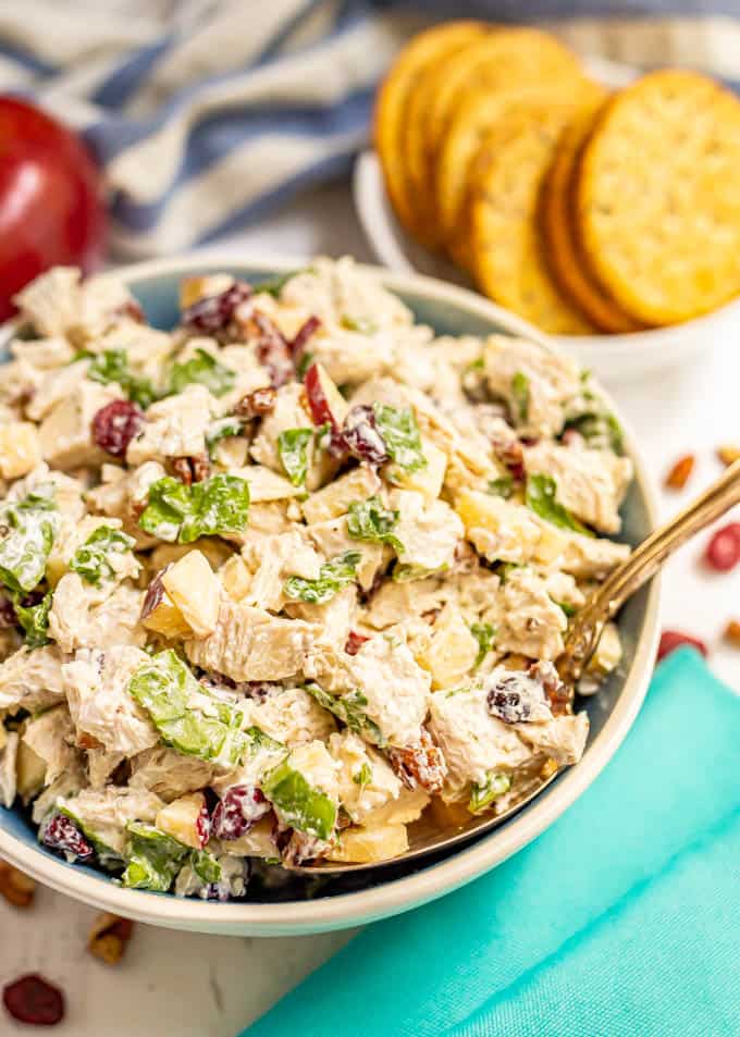 A bowl full of chicken salad with apples, pecans and cranberries with a spoonful being taken