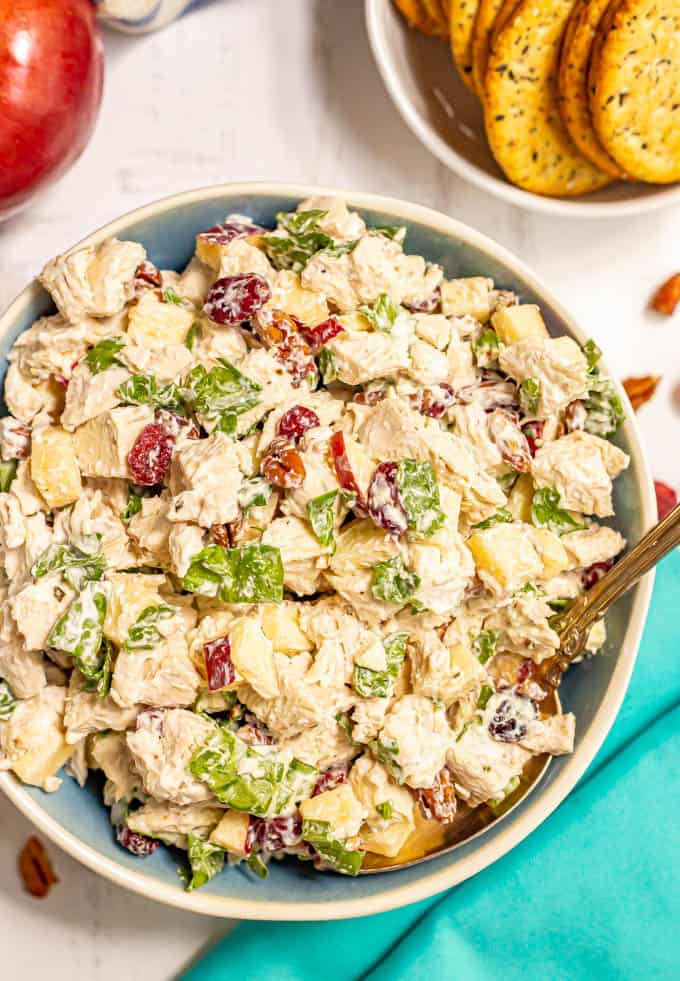 Harvest chicken salad with pecans, apples and dried cranberries is a delicious, crunchy, fresh fall twist on the classic! It’s great served as a sandwich, wrap or with crackers or greens. #chickensalad #lunchrecipes #fallrecipes #lunchtime #chickenrecipes