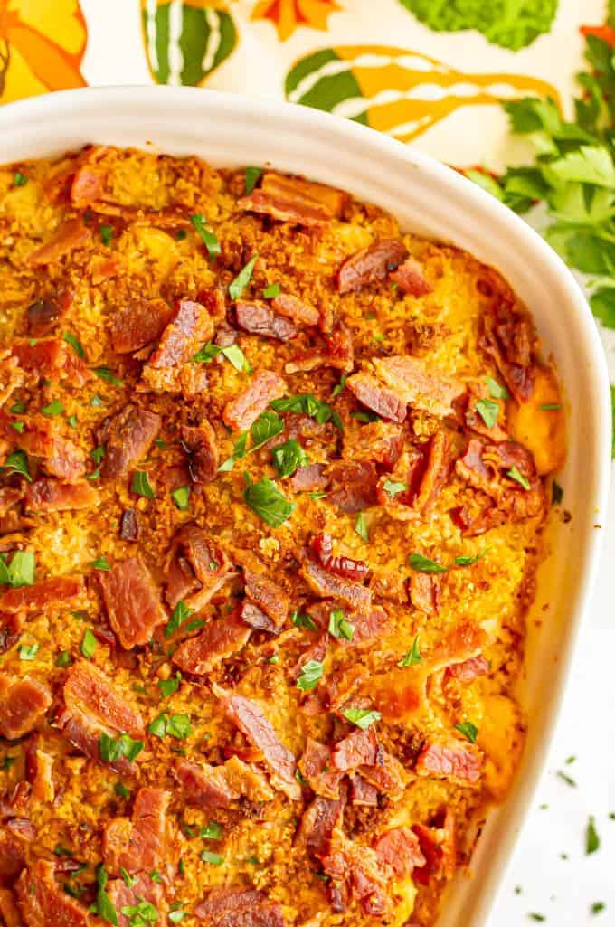 Pumpkin mac and cheese casserole with bacon and parsley on top after baking in the oven