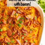Pumpkin mac and cheese with bacon is deliciously creamy, has a hint of warm spice and is topped with a buttery breadcrumb mixture and crisp bacon. Perfect for a comforting fall dish! #macandcheese #pastarecipes #pumpkinrecipes #pumpkin #casserole #fallrecipes