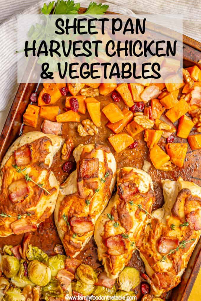 Sheet pan harvest chicken and vegetables is loaded with tender, juicy chicken breasts, sweet potatoes, Brussels sprouts, bacon and more for a warm, delicious, easy dinner! #sheetpan #chickenrecipes #chickendinner #dinnerideas #easyrecipe