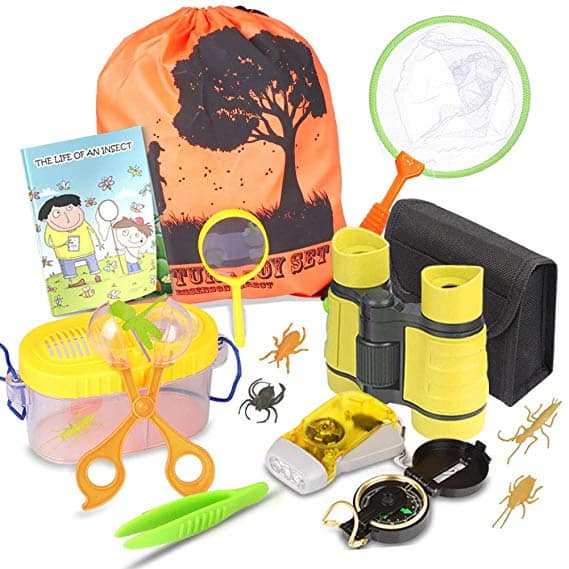 A kids outdoor drawstring bag and exploration bag with binoculars and nets and bug catchers.