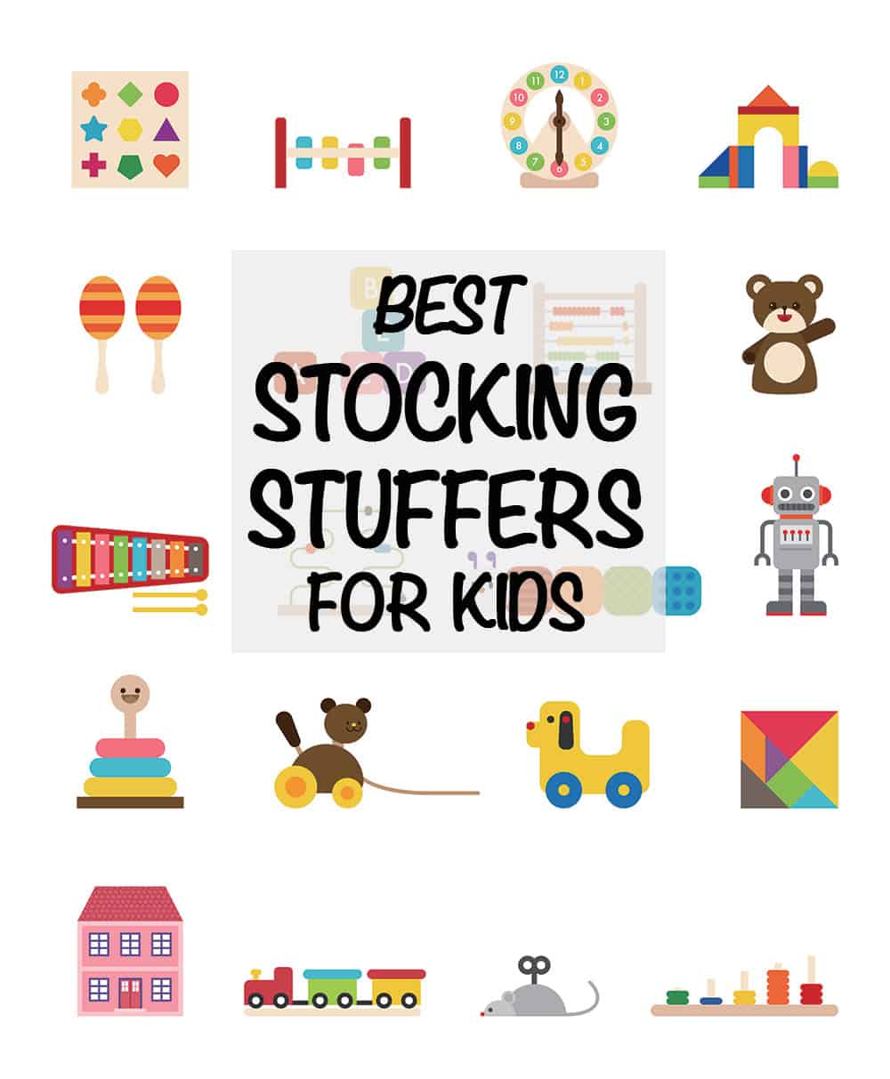 Tons of fun ideas for the best stocking stuffers for kids, everything from card games and bubbles to binoculars and play doh. Get great ideas for both classic and creative additions to your holiday stockings! #stockings #Christmasgifts #holidays #kids #gifts #giftideas #giftguide A collage of individual small toys for children.